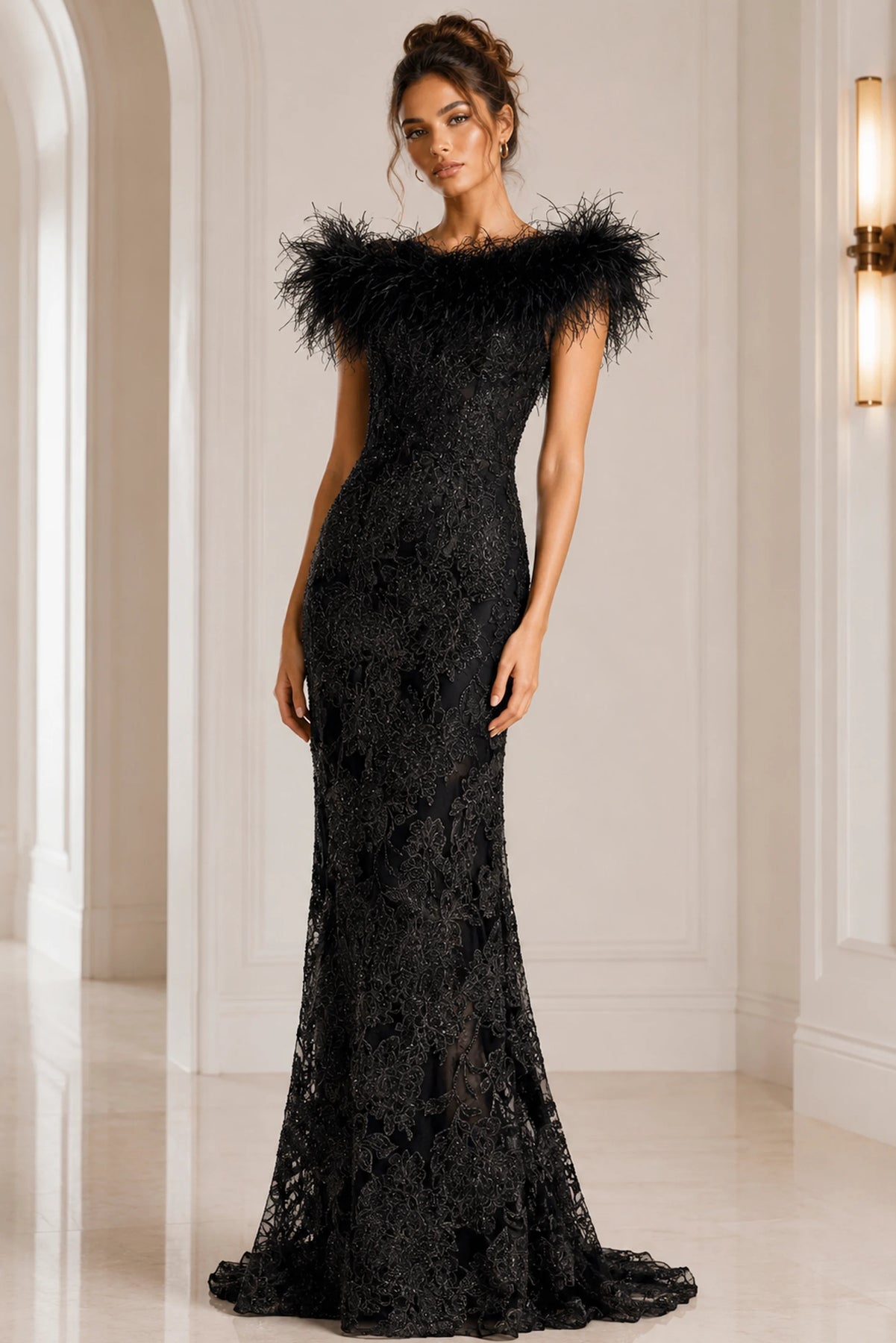 Jovani 23030 - Feathered Lace Evening Dress