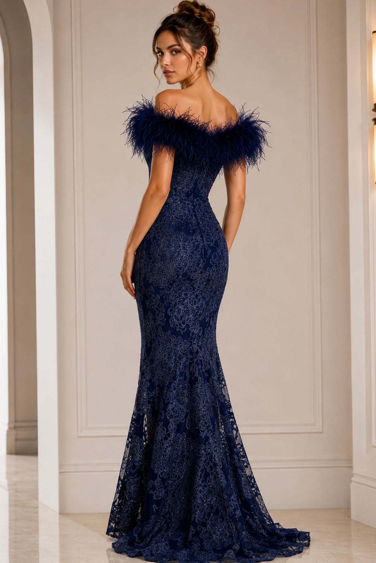 Jovani 23030 - Feathered Lace Evening Dress