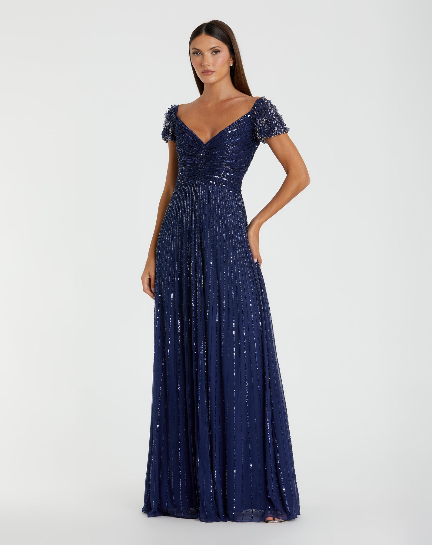 Mac Duggal 23042 - Embellished Ruched Deep V-Neck Gown