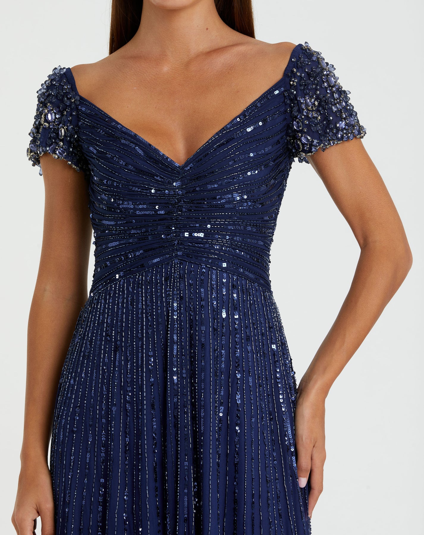 Mac Duggal 23042 - Embellished Ruched Deep V-Neck Gown