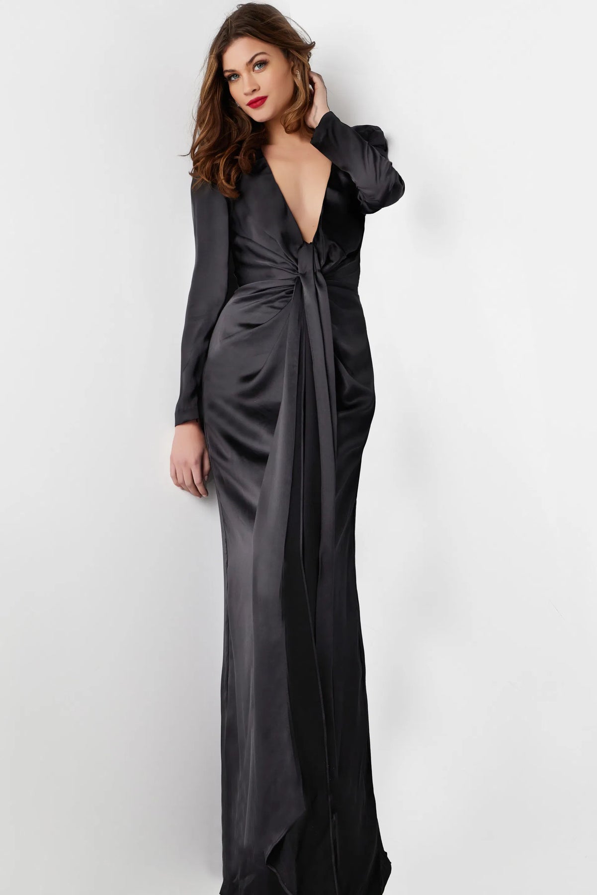 Jovani 23180 - Deep V-Neck Front Cape Dress