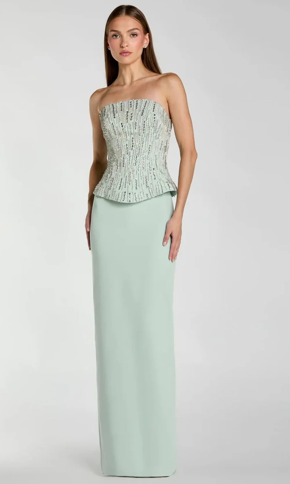 Ieena Duggal 2366 - Peplum Bodice Straight Neck Long Gown Prom Dresses in Green  
