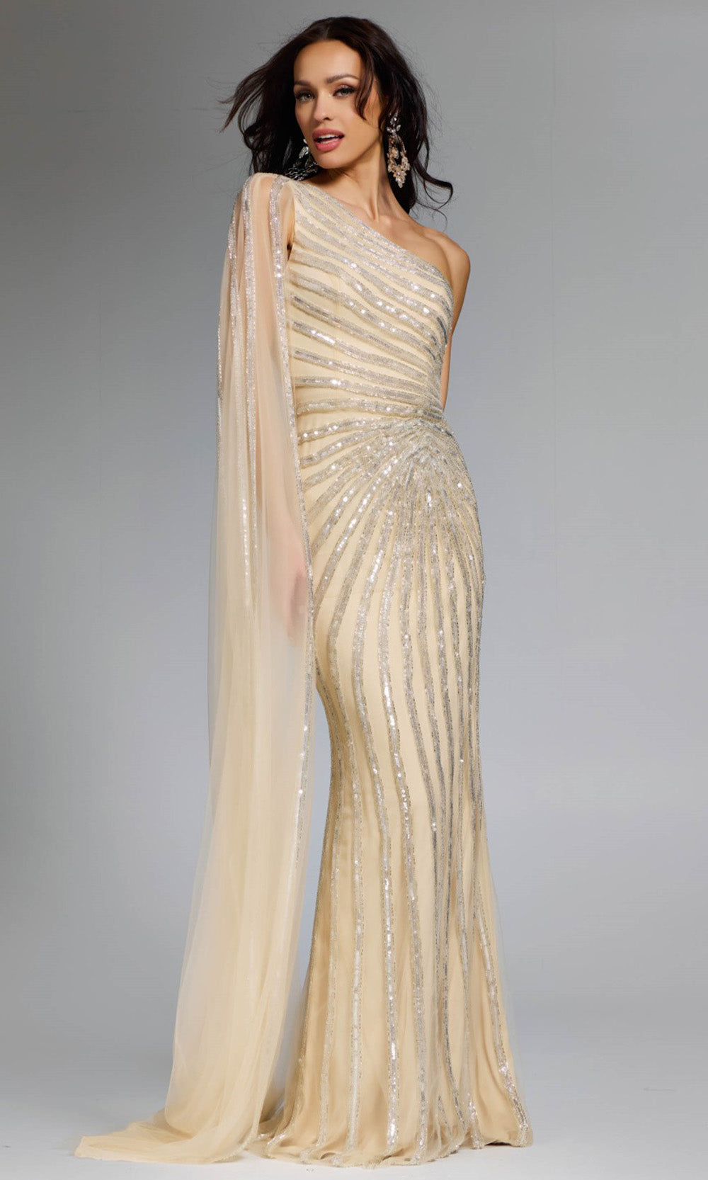 Jovani 23774 - One Shoulder Cape Sleeve Evening Gown