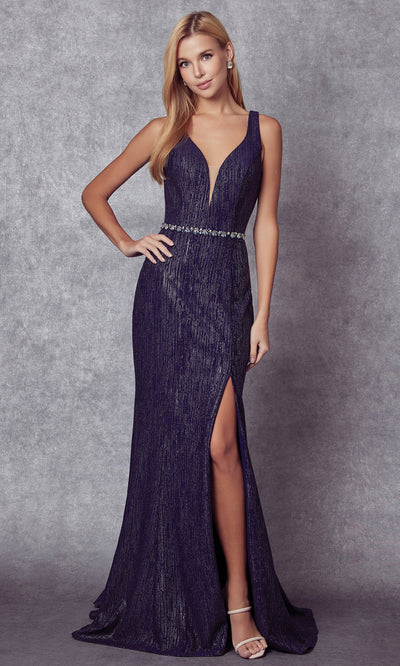 Juliet Dresses 237 - V-Neck Evening Gown with Beaded Waist Formal Gowns
