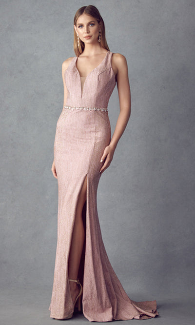 Juliet Dresses 237 - V-Neck Evening Gown with Beaded Waist Formal Gowns