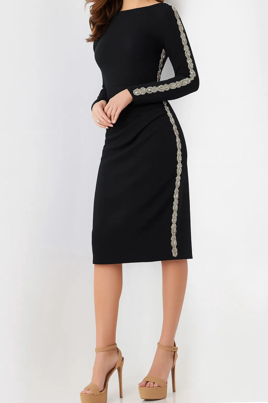Jovani 24192 - Embellished Side Long Sleeve Knee-Length Dress