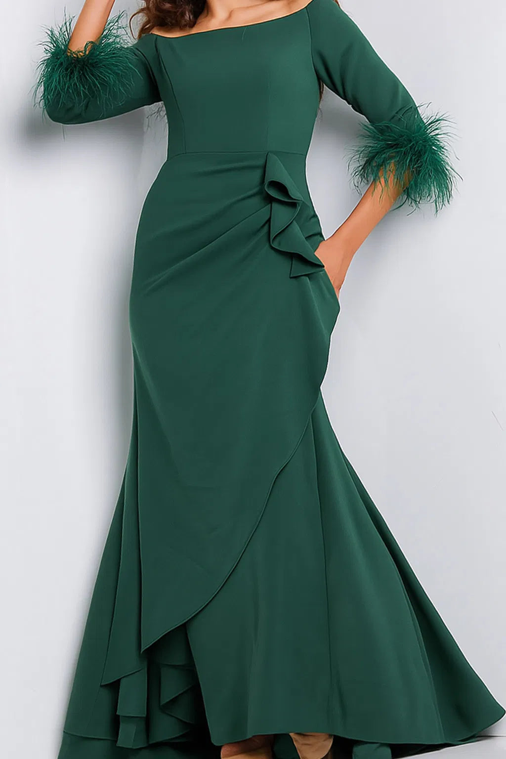 Jovani 24195 - Feather Cuff Evening Dress