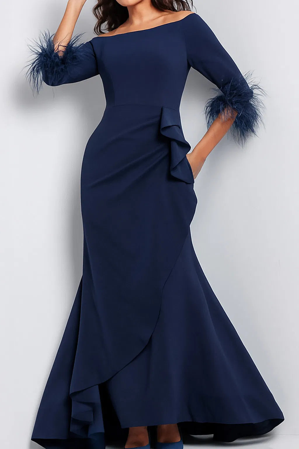 Jovani 24195 - Feather Cuff Evening Dress
