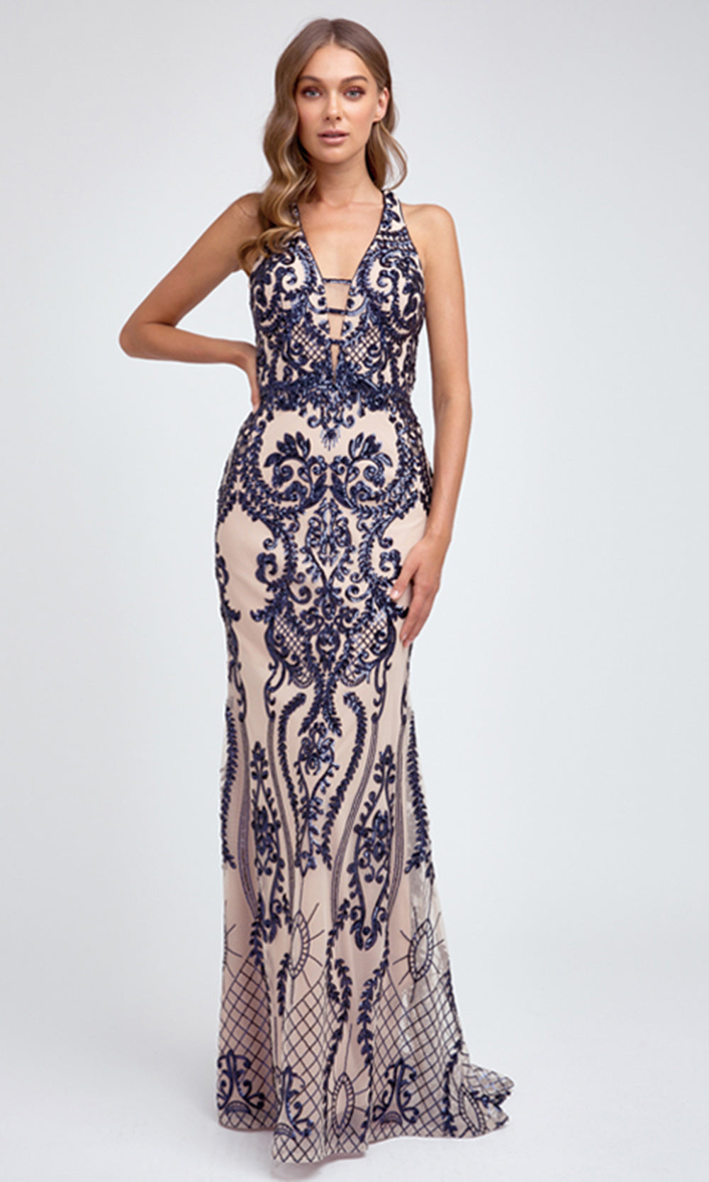 Juliet Dresses 243 - Open Cutout Back Sheath Gown Formal Gowns