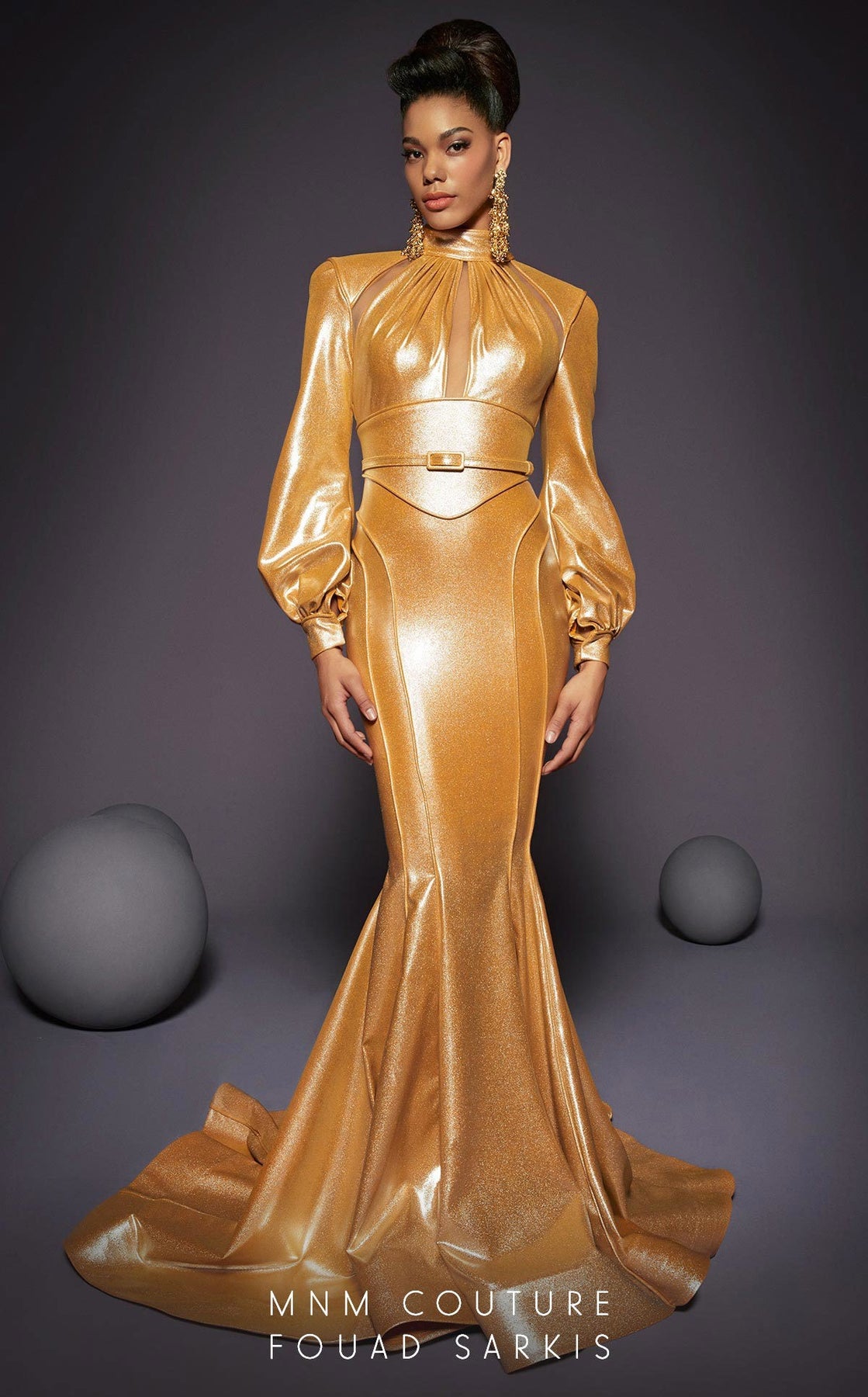 MNM Couture 2474 - High Neck Cut Out Metallic Evening Gown