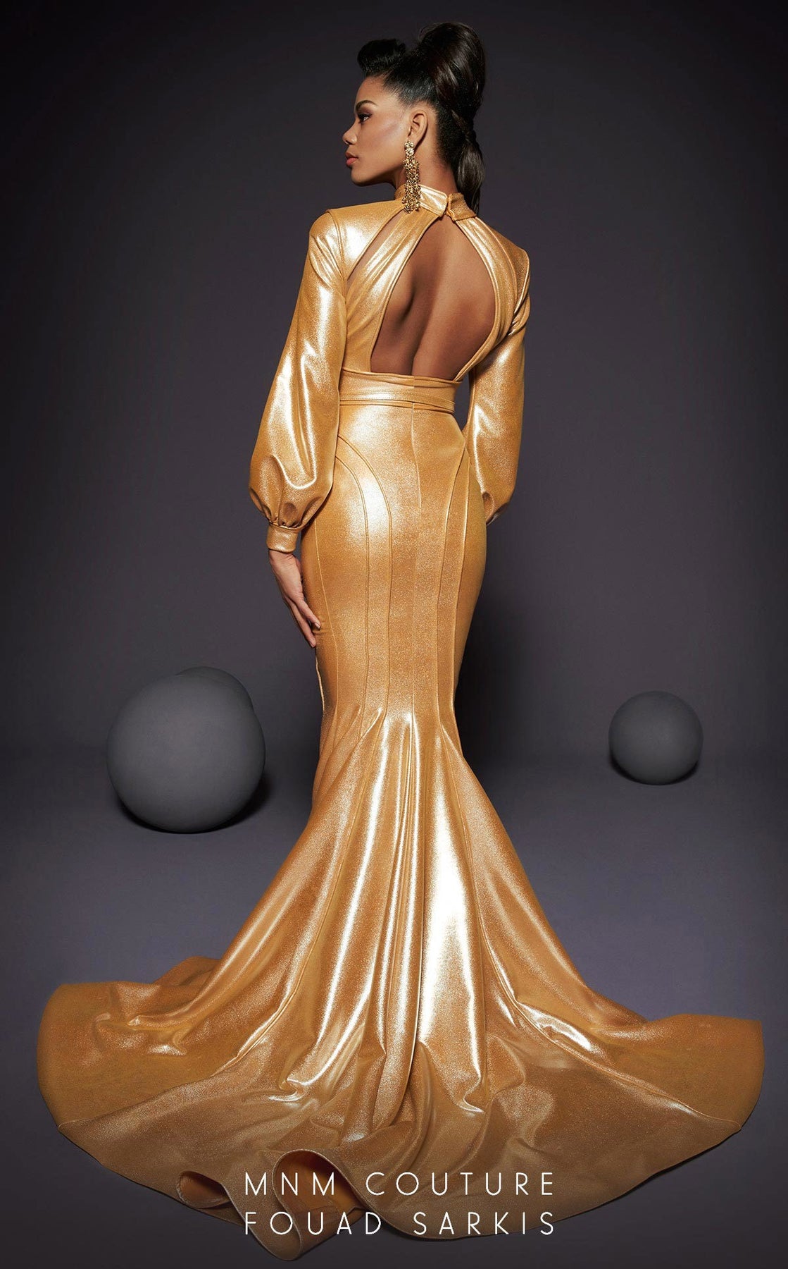 MNM Couture 2474 - High Neck Cut Out Metallic Evening Gown