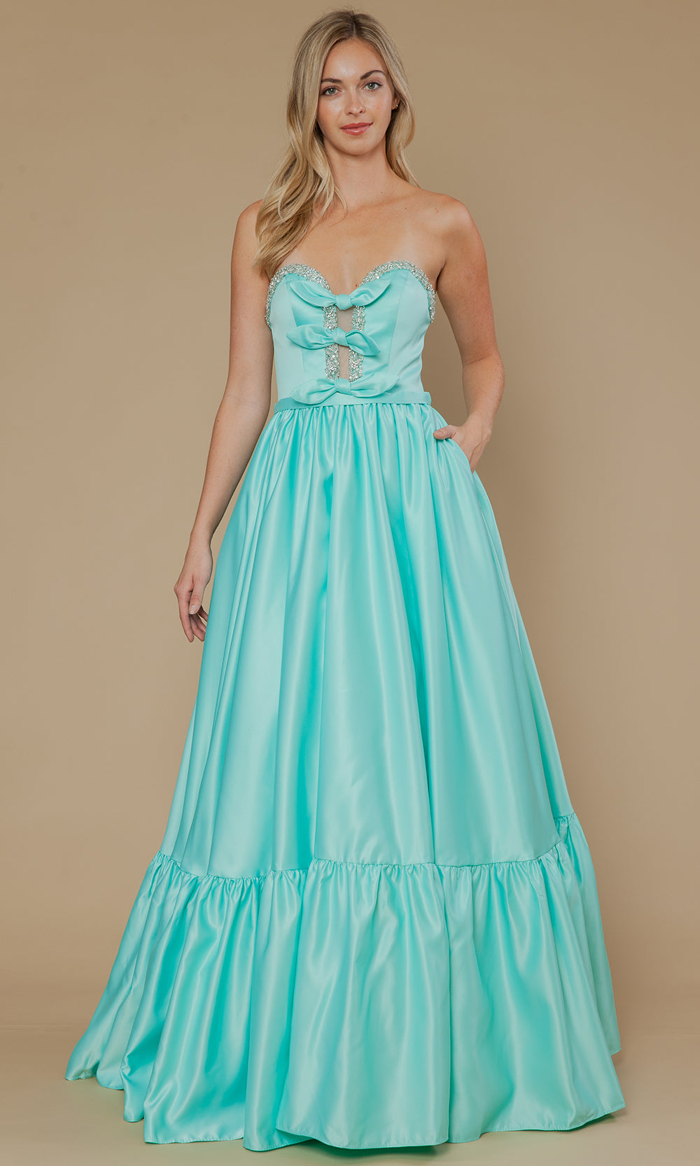 Poly USA 25040 - Bow Accent Strapless Dres with Ruffle Hem Prom Dresses