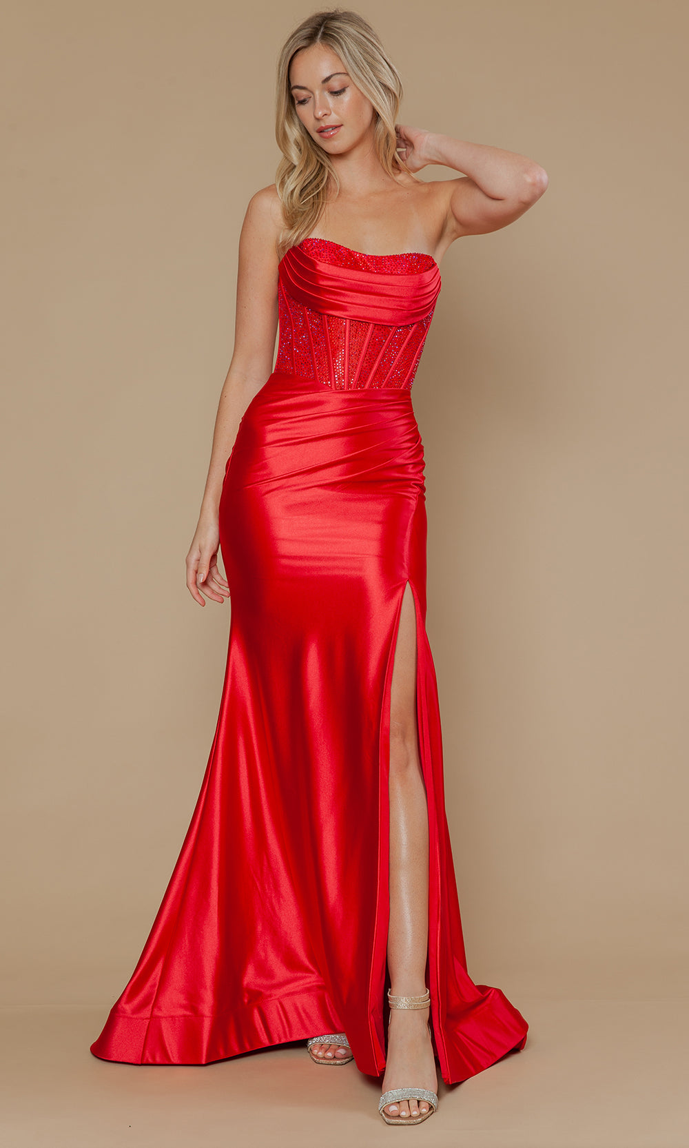 Poly USA 25042 - Fitted High Slit Gown with Beaded Top Prom Dresses