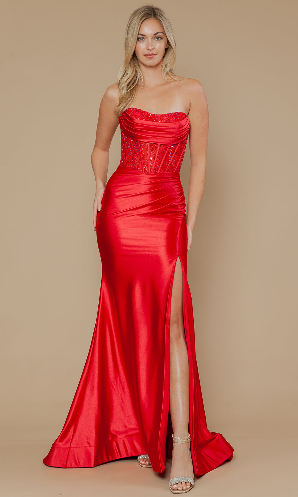Poly USA 25042 - Fitted High Slit Gown with Beaded Top Prom Dresses