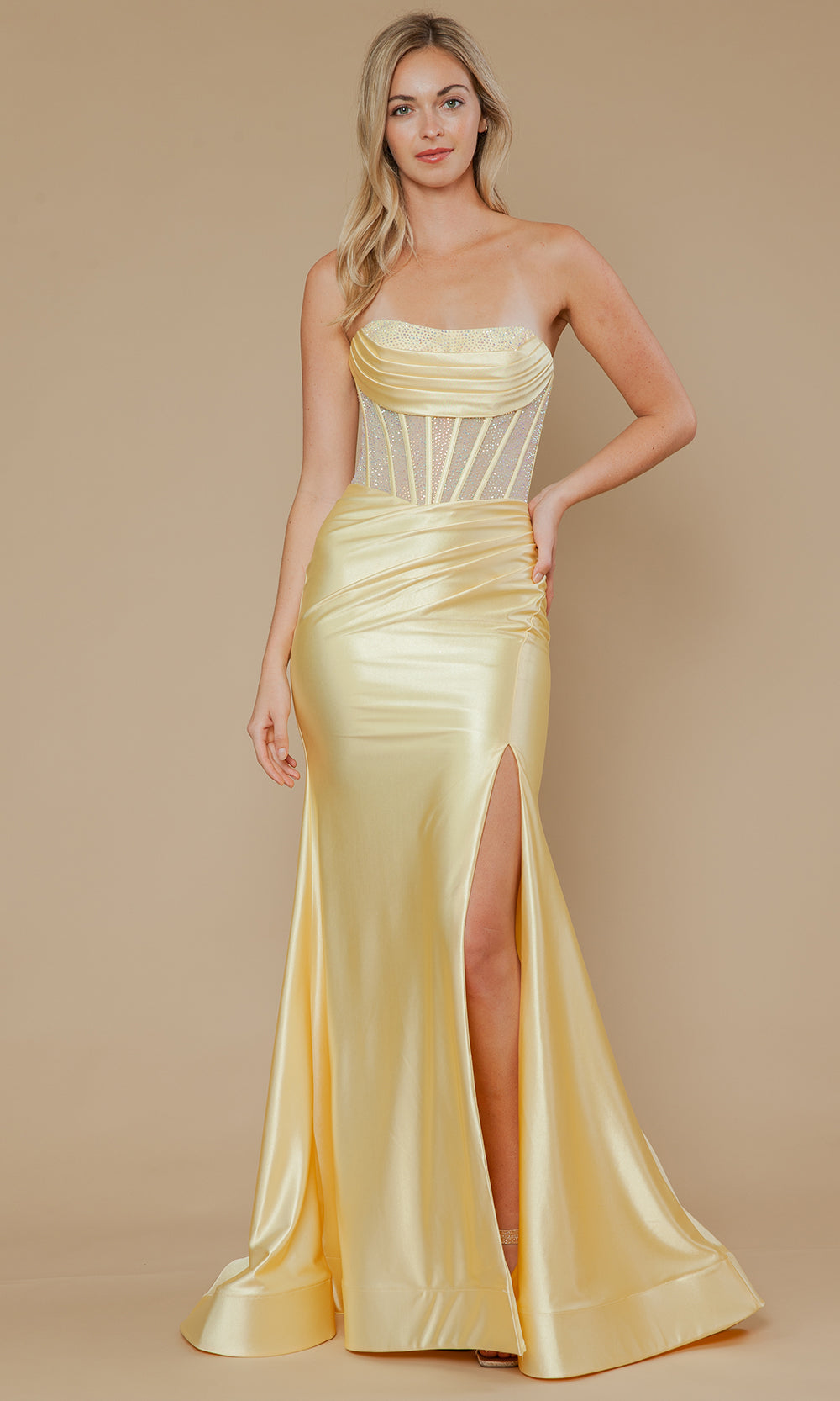 Poly USA 25042 - Fitted High Slit Gown with Beaded Top Prom Dresses