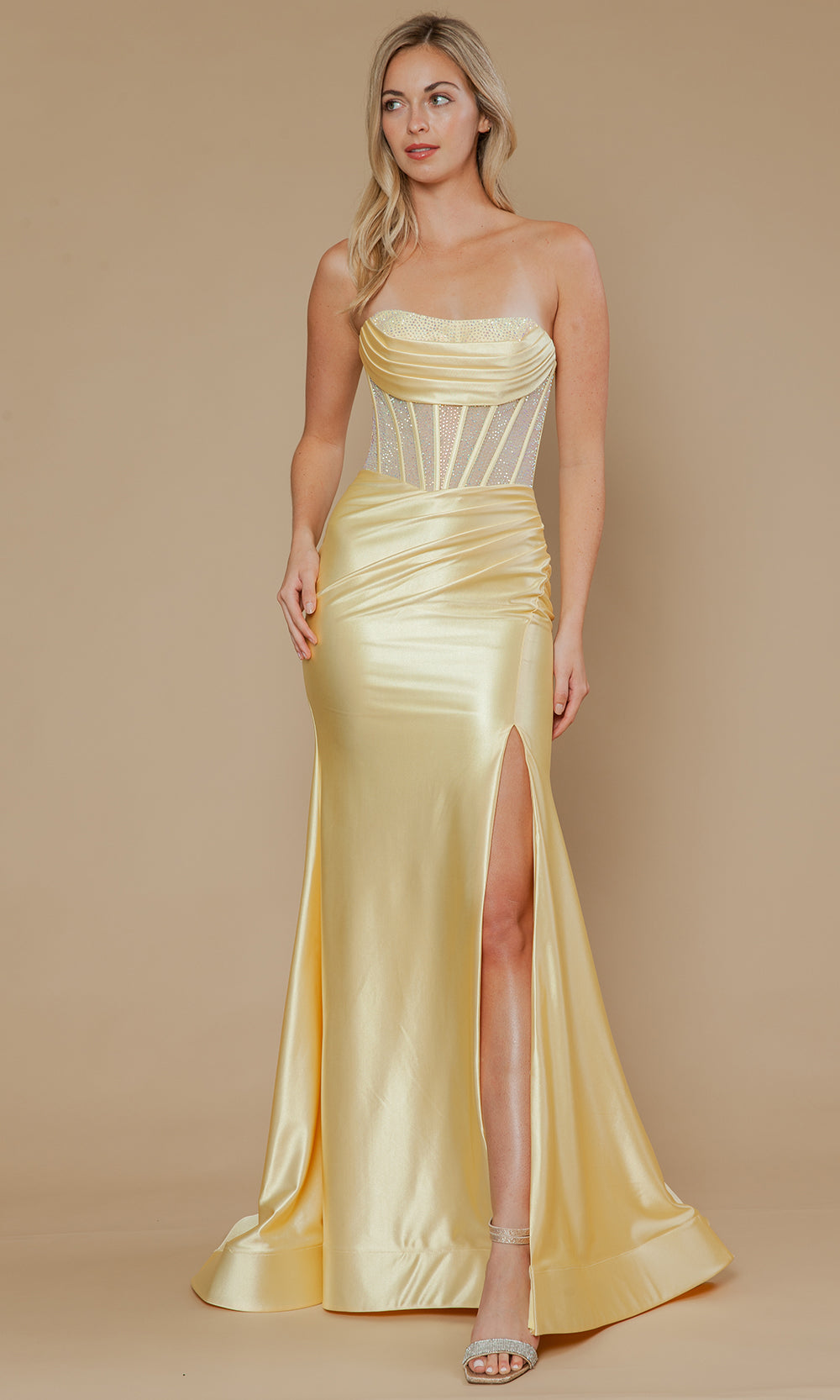 Poly USA 25042 - Fitted High Slit Gown with Beaded Top Prom Dresses