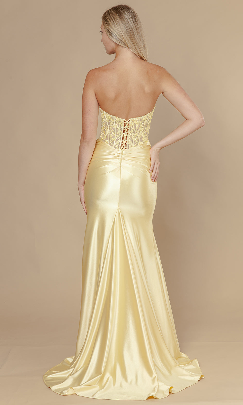 Poly USA 25056 - Strapless Lace Corset Prom Dress with Slit Bridesmaid Dresses