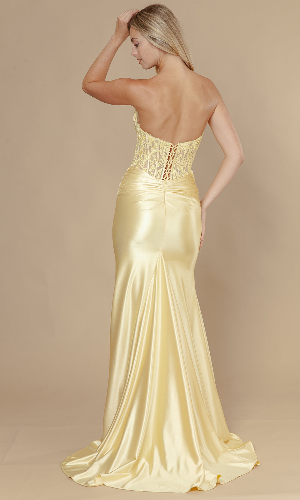 Poly USA 25056 - Strapless Lace Corset Prom Dress with Slit Bridesmaid Dresses