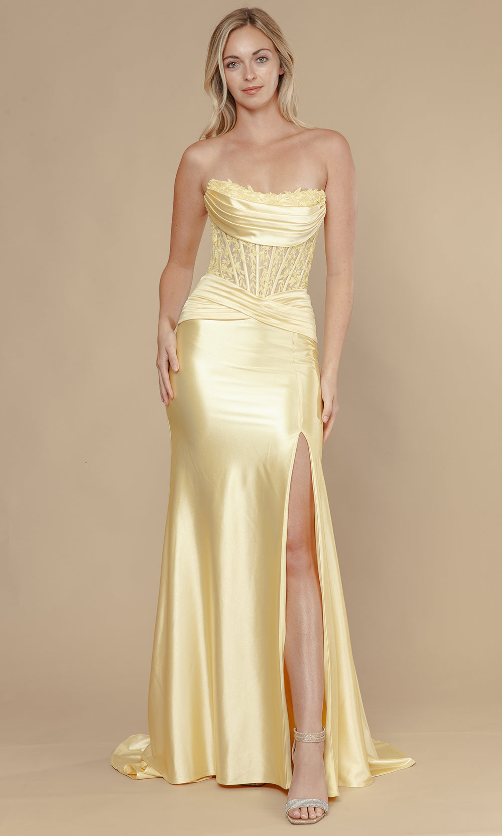 Poly USA 25056 - Strapless Lace Corset Prom Dress with Slit Bridesmaid Dresses