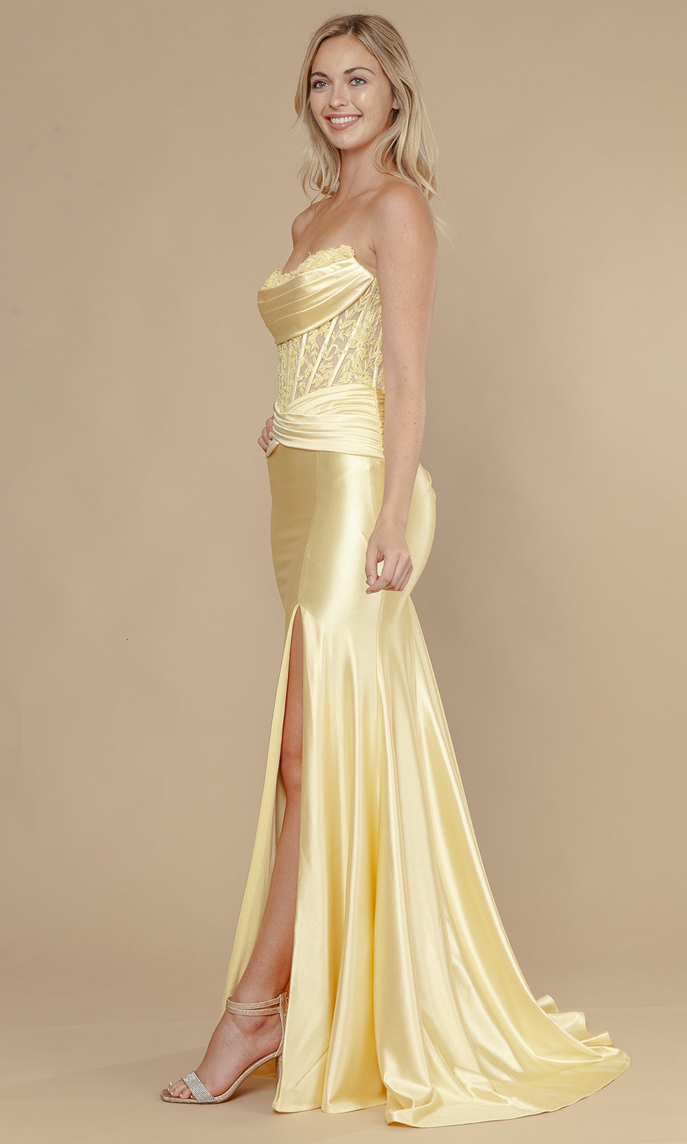 Poly USA 25056 - Strapless Lace Corset Prom Dress with Slit Bridesmaid Dresses
