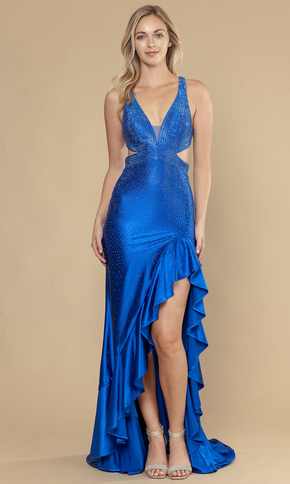 Poly USA 25070 - Plunging V-Neck Ruffle Slit Prom Dress Prom Dresses
