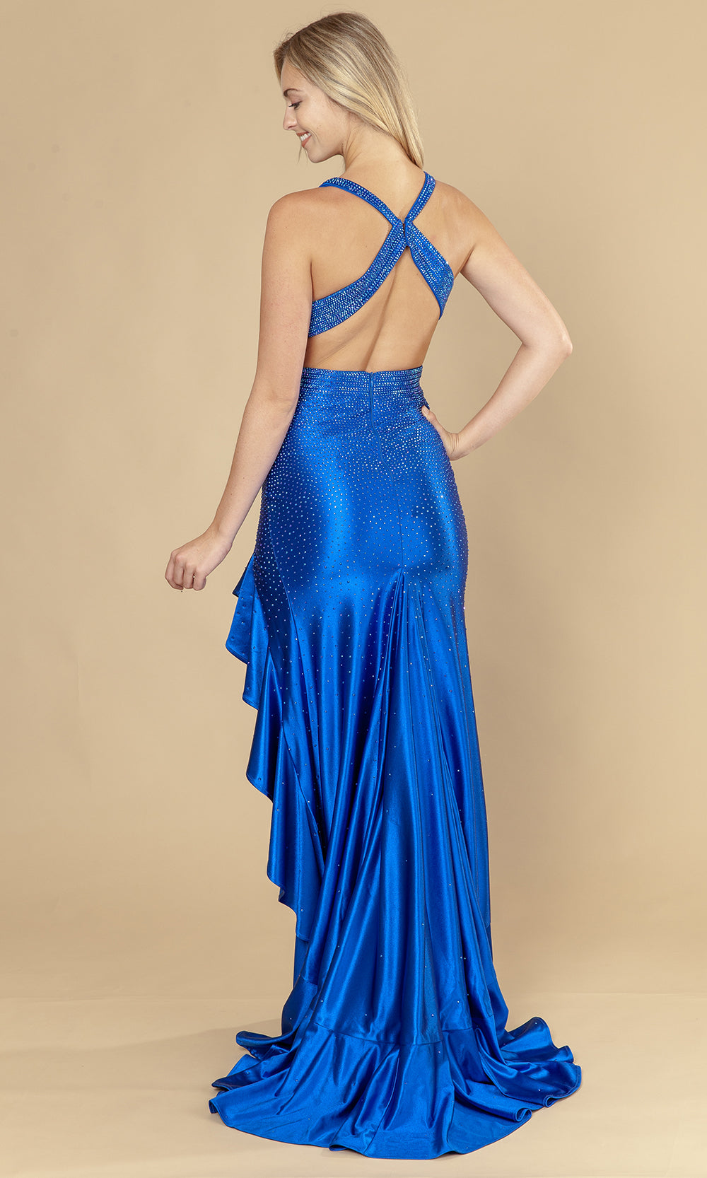 Poly USA 25070 - Plunging V-Neck Ruffle Slit Prom Dress Prom Dresses