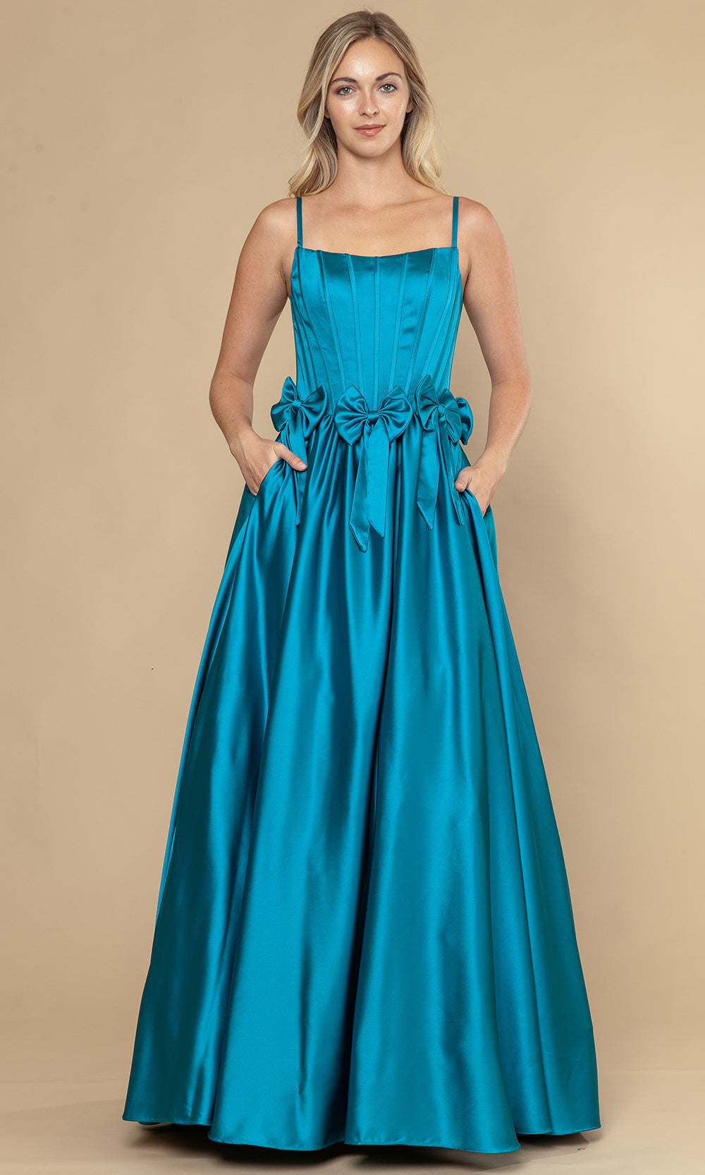 Poly USA 25116 - Bow Detail Spaghetti Strap A-Line Dress Prom Dresses