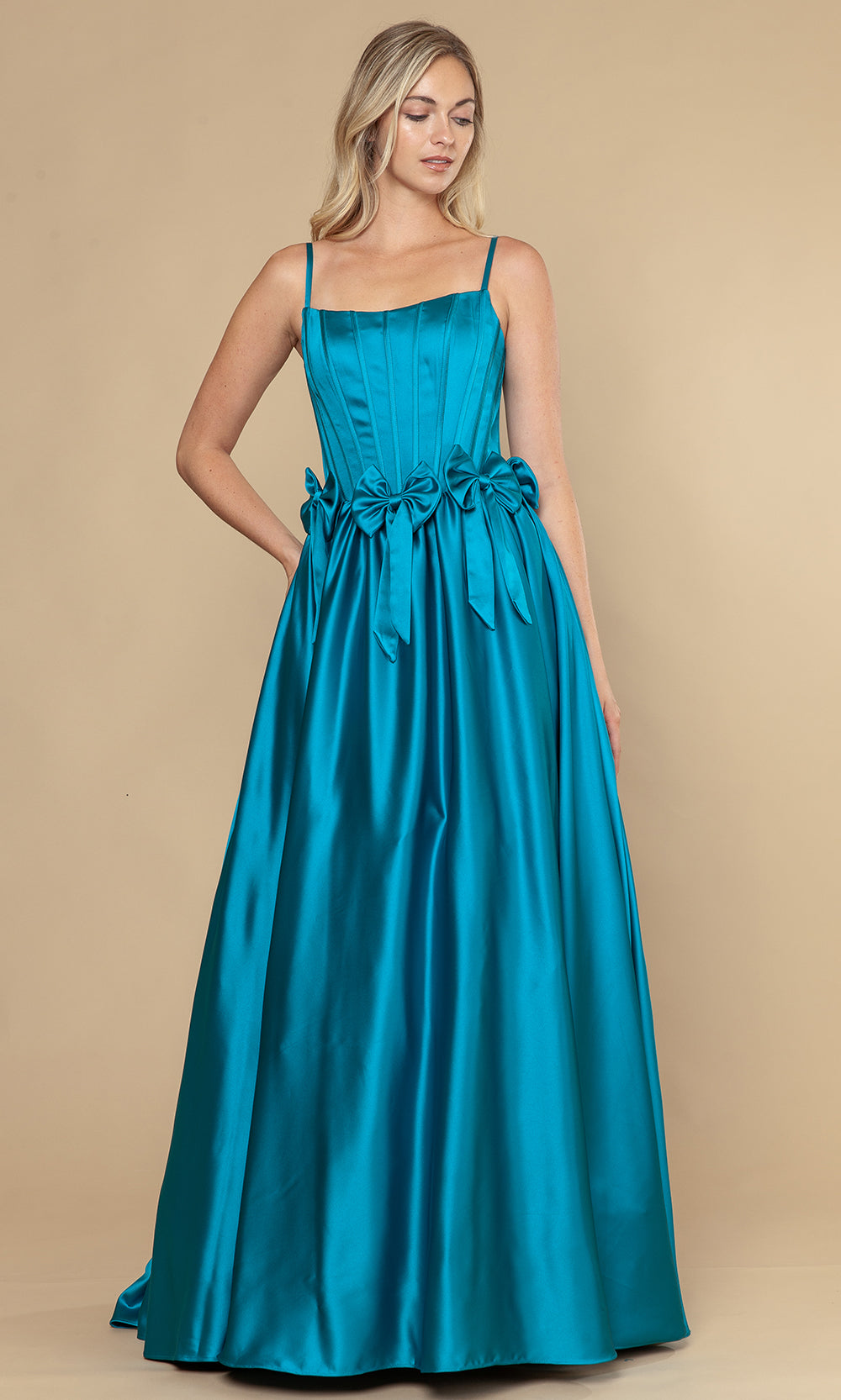 Poly USA 25116 - Bow Detail Spaghetti Strap A-Line Dress Prom Dresses
