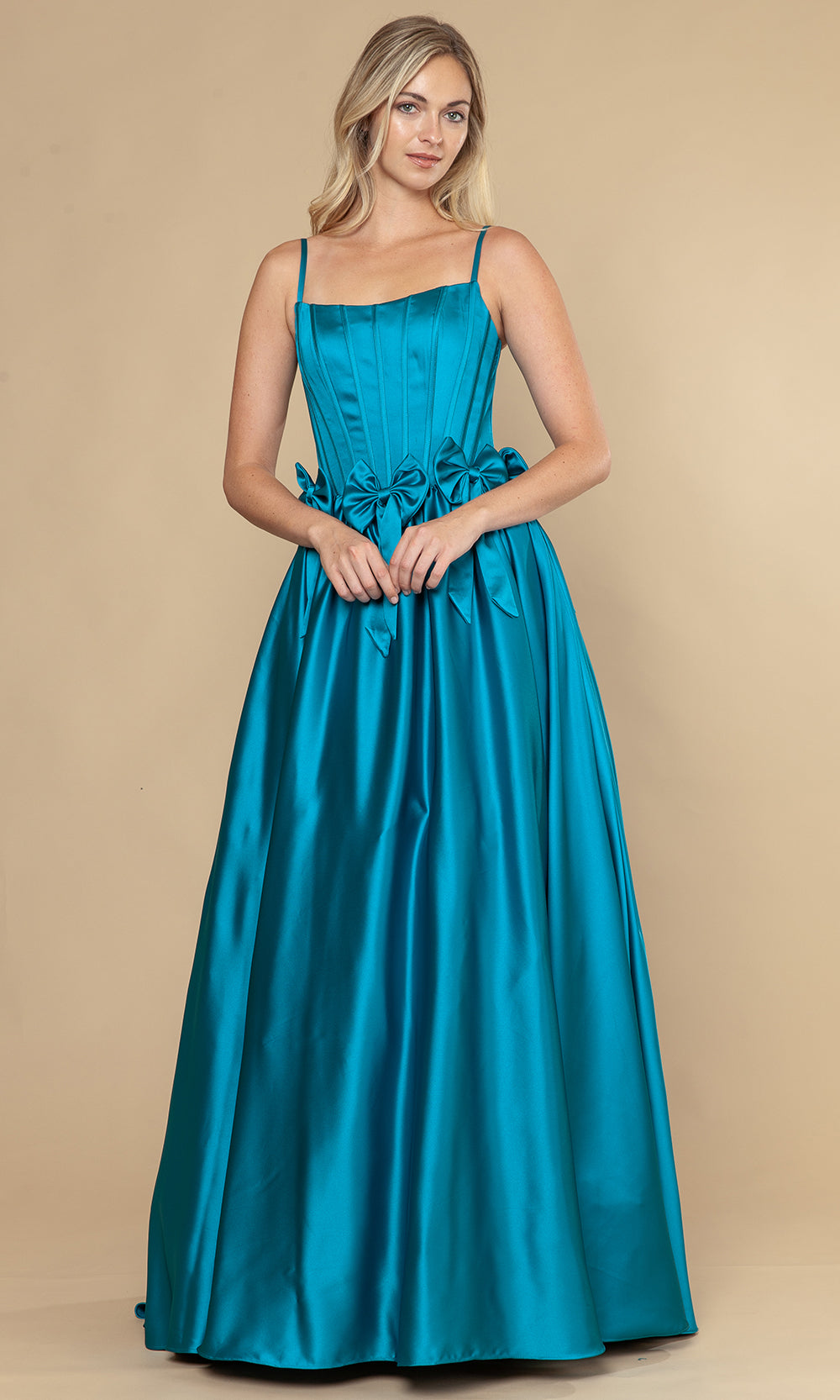 Poly USA 25116 - Bow Detail Spaghetti Strap A-Line Dress Prom Dresses
