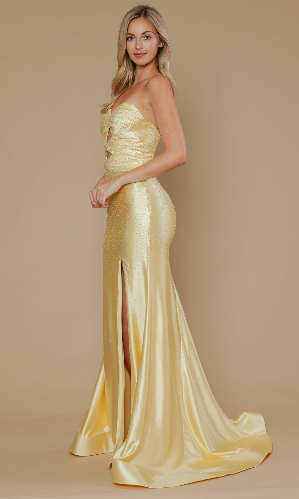 Poly USA 25118 - Strapless High Slit Gown with Beading Prom Dresses