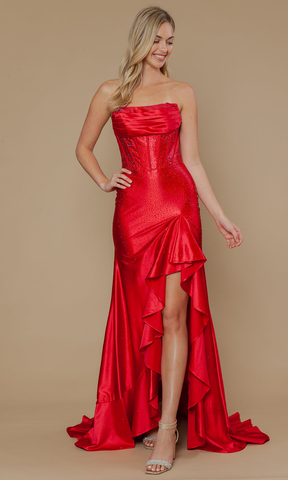 Poly USA 25120 - Beaded Bodice Sheath Ruffle Dress Prom Dresses
