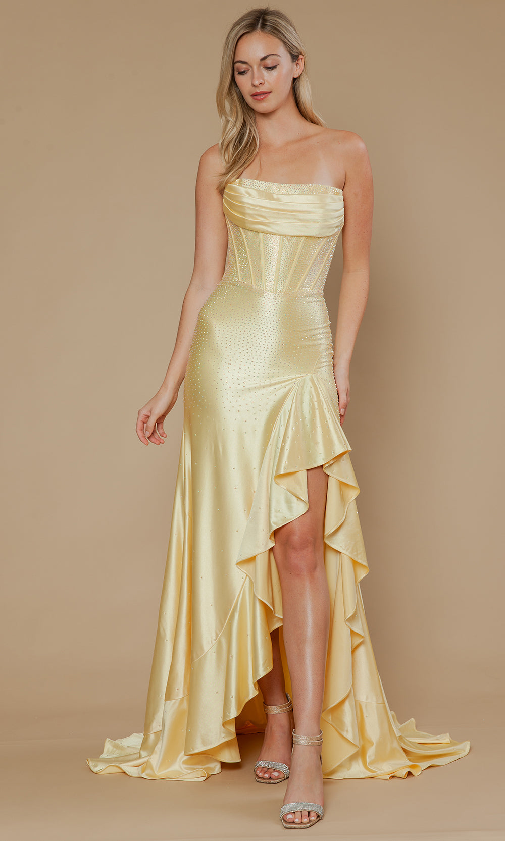 Poly USA 25120 - Beaded Bodice Sheath Ruffle Dress Prom Dresses