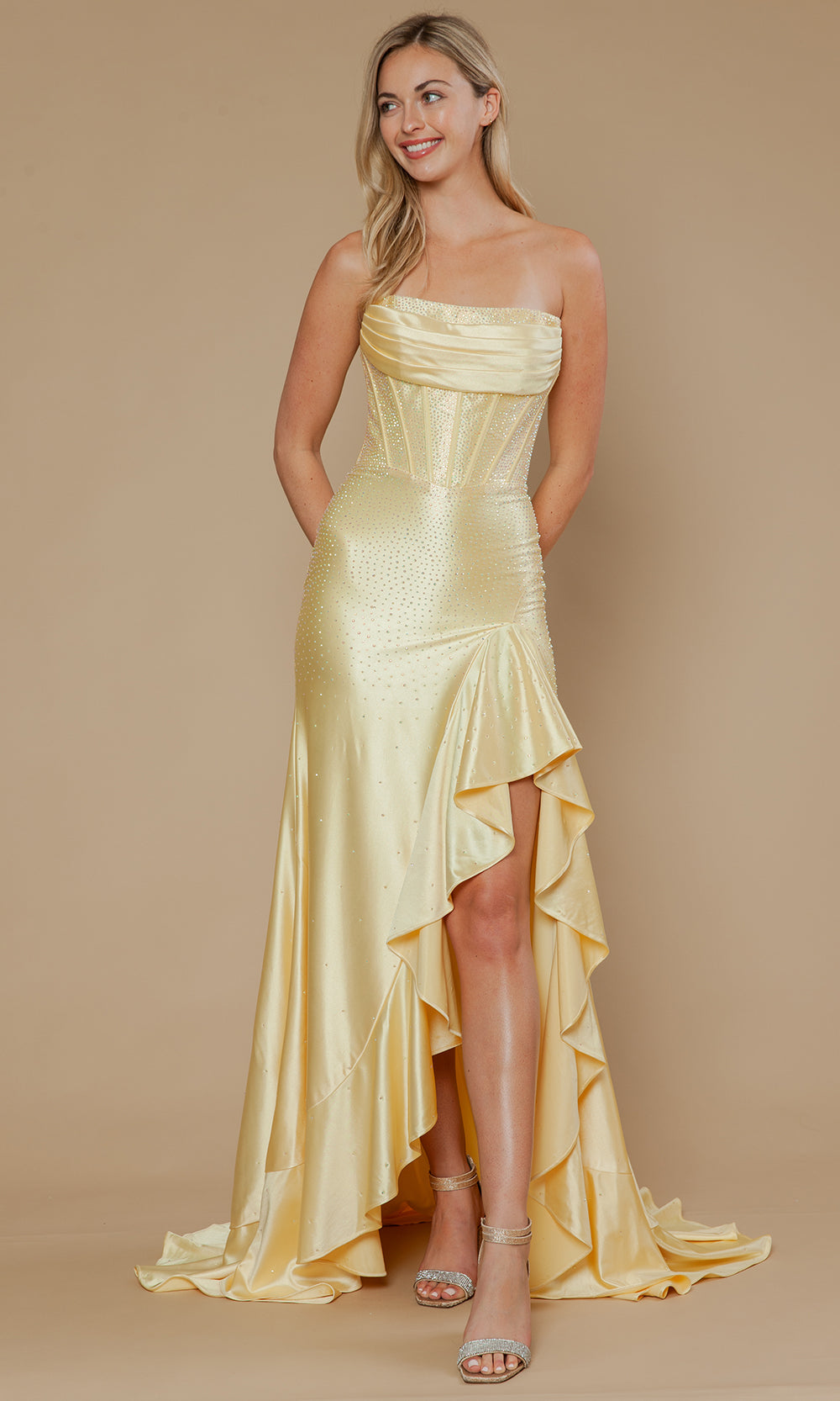 Poly USA 25120 - Beaded Bodice Sheath Ruffle Dress Prom Dresses