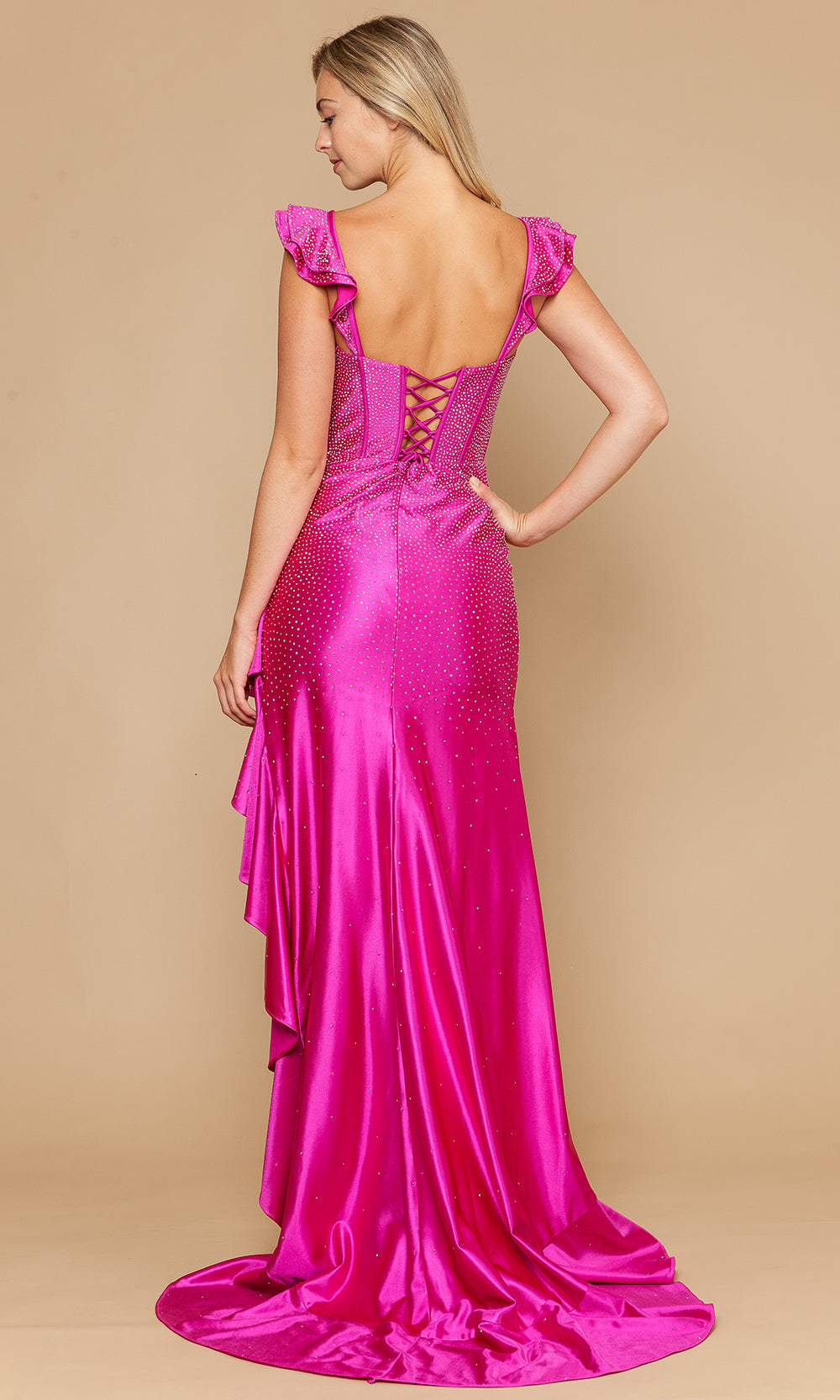 Poly USA 25126 - Rhinestone Studded Ruffle Slit Long Dress Prom Dresses
