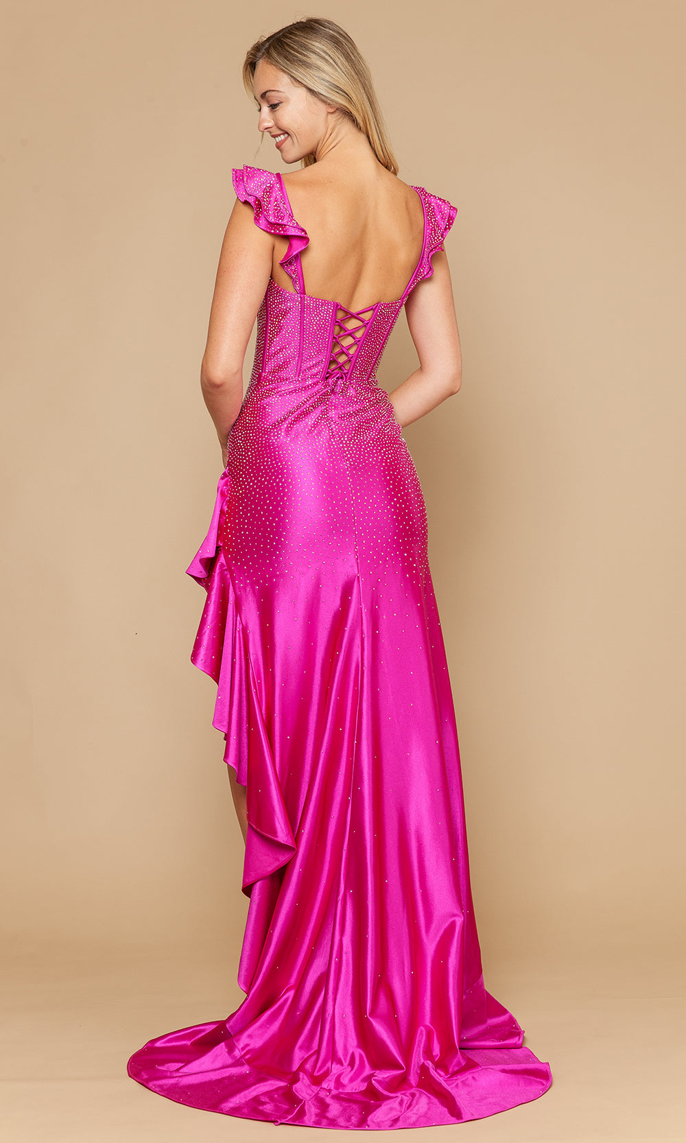 Poly USA 25126 - Rhinestone Studded Ruffle Slit Long Dress Prom Dresses