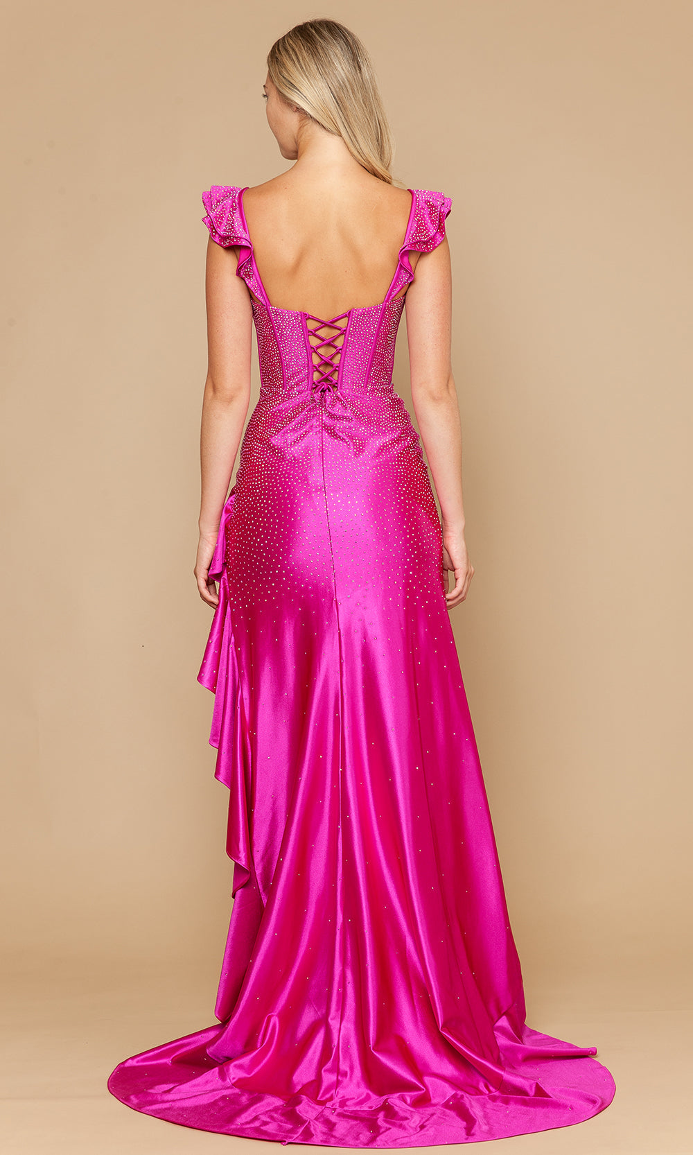 Poly USA 25126 - Rhinestone Studded Ruffle Slit Long Dress Prom Dresses