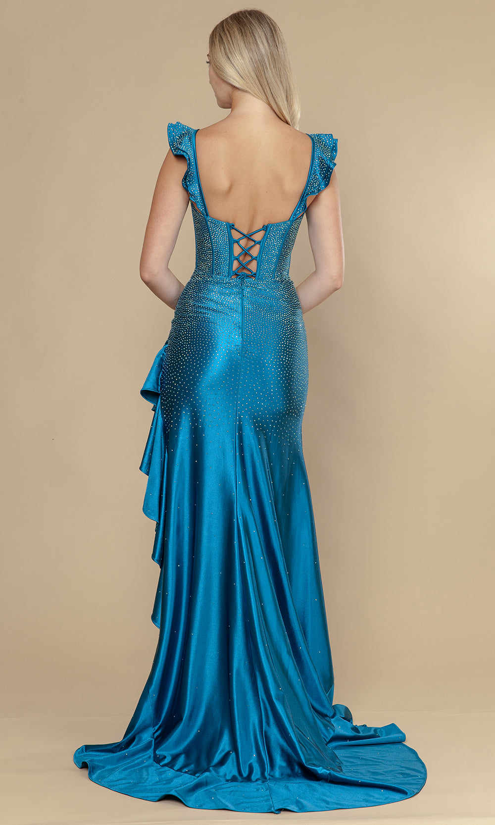 Poly USA 25126 - Rhinestone Studded Ruffle Slit Long Dress Prom Dresses