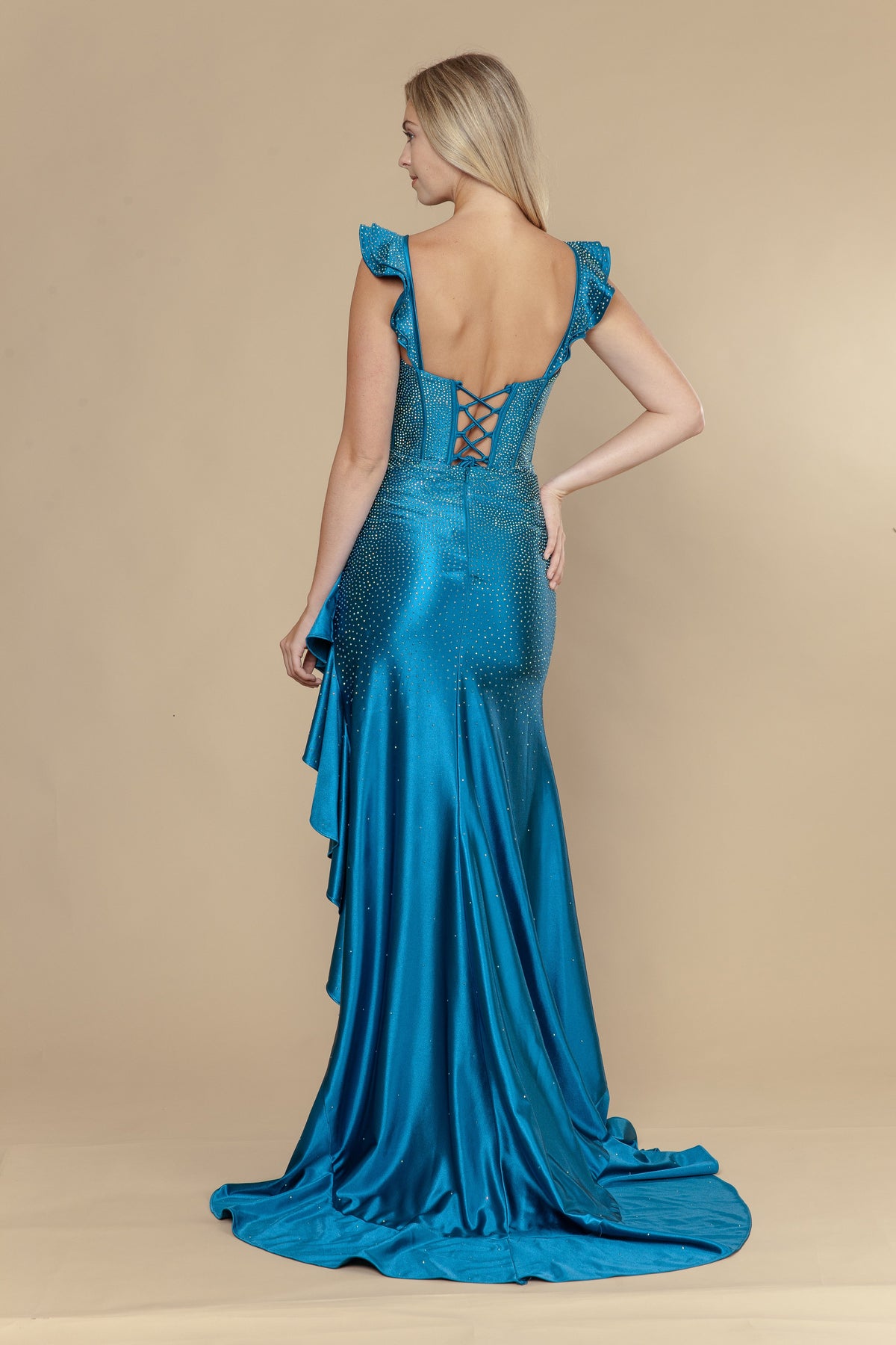 Poly USA 25126 - Rhinestone Studded Ruffle Slit Long Dress Prom Dresses