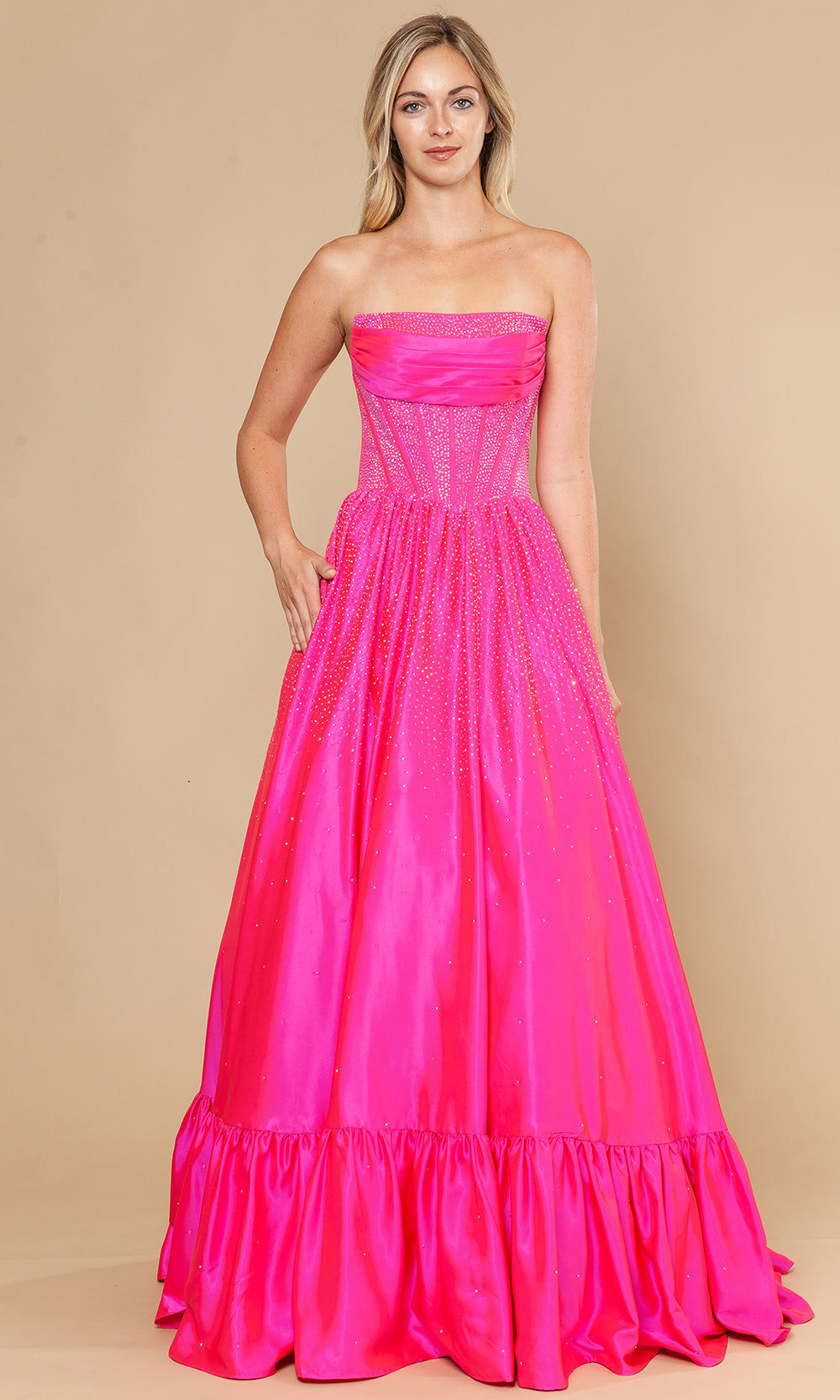 Poly USA 25134 - Straight Neck Beaded Dress with Ruffle Hem Prom Dresses