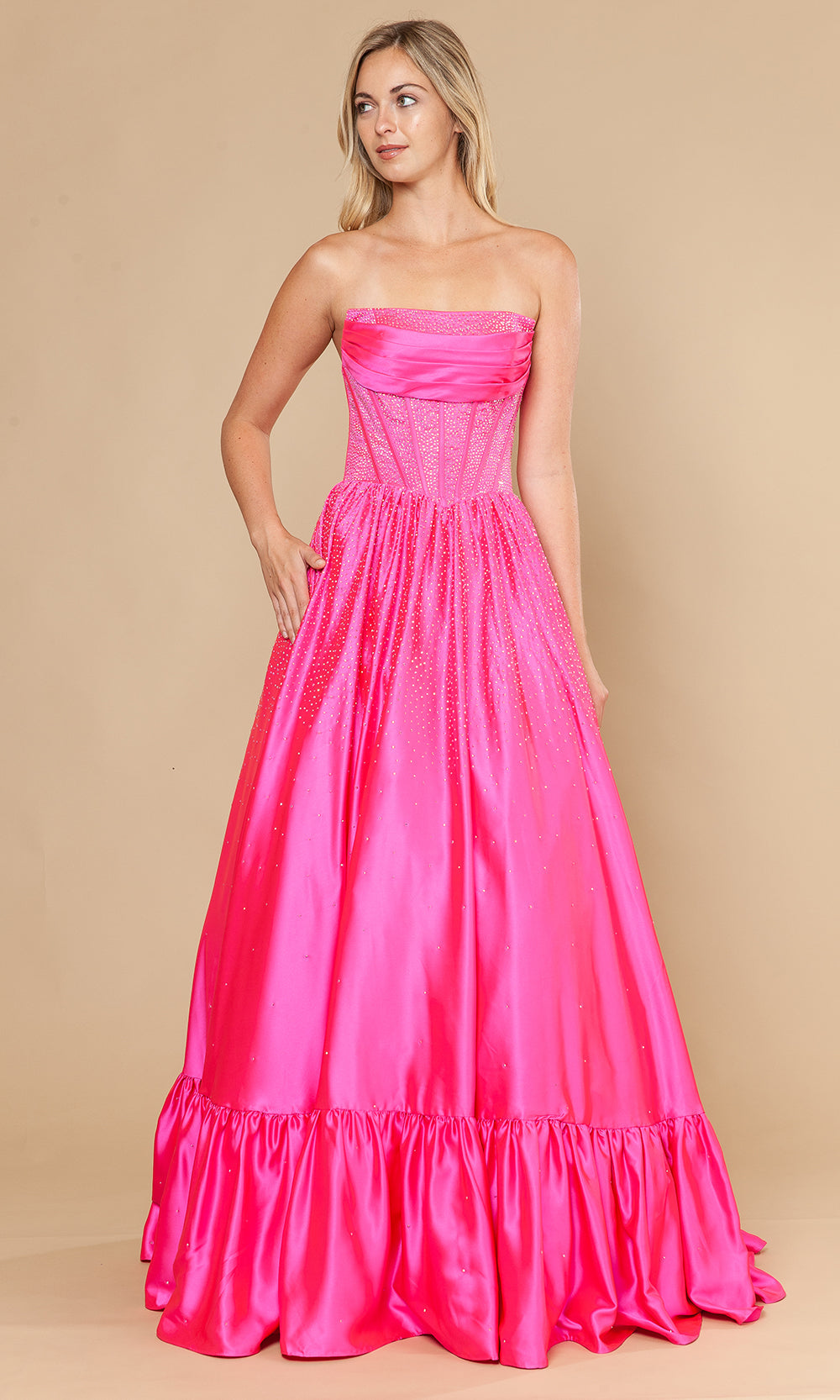 Poly USA 25134 - Straight Neck Beaded Dress with Ruffle Hem Prom Dresses