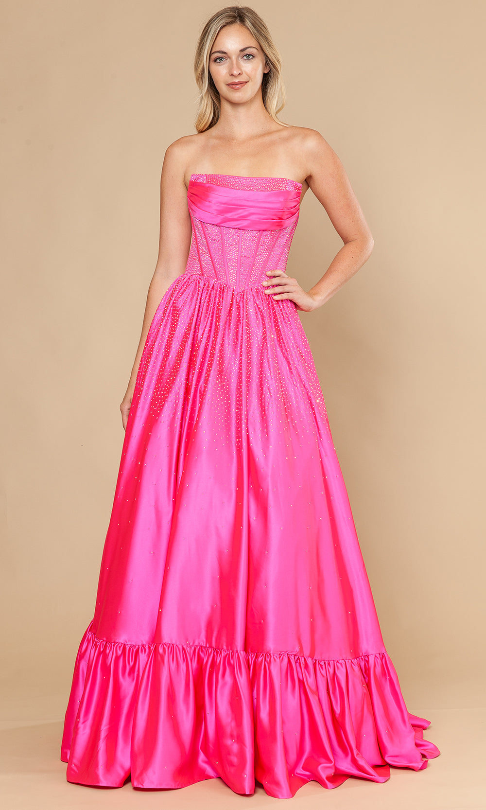 Poly USA 25134 - Straight Neck Beaded Dress with Ruffle Hem Prom Dresses