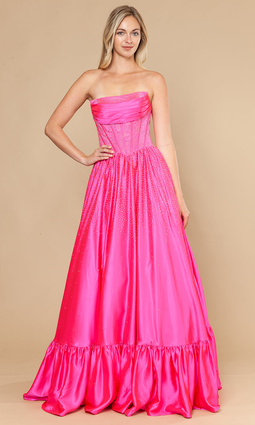 Poly USA 25134 - Straight Neck Beaded Dress with Ruffle Hem Prom Dresses