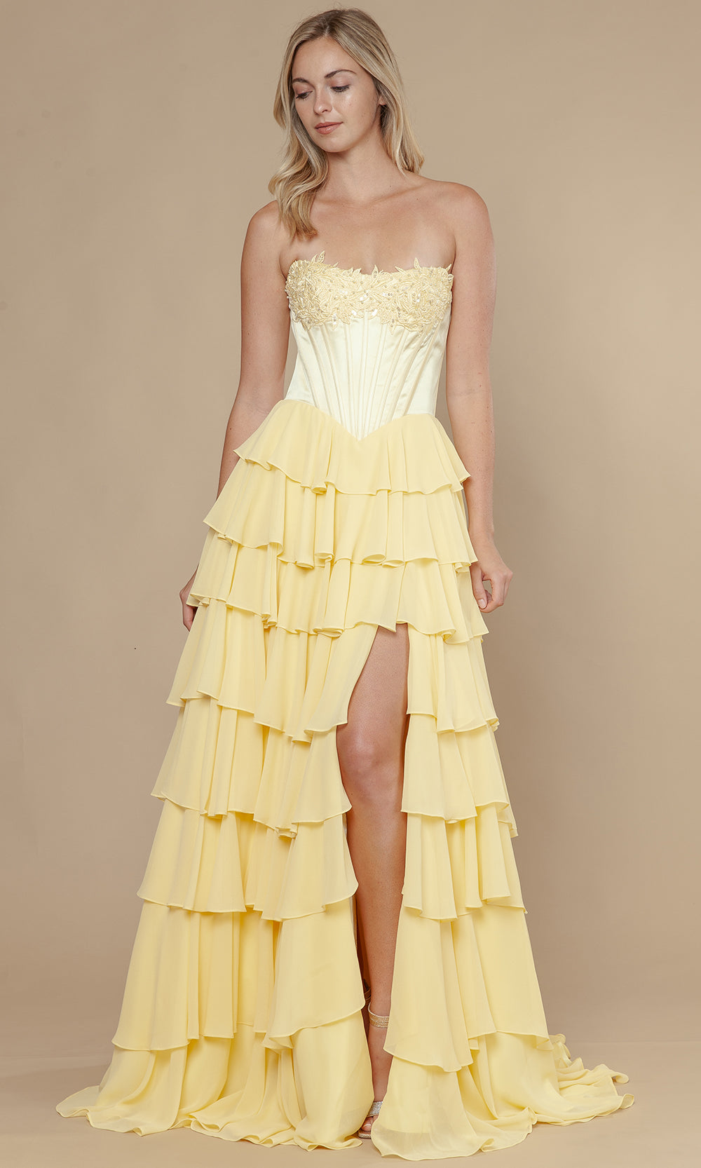 Poly USA 25176 - Straight Across Neck Chiffon Ruffle Gown Prom Dresses