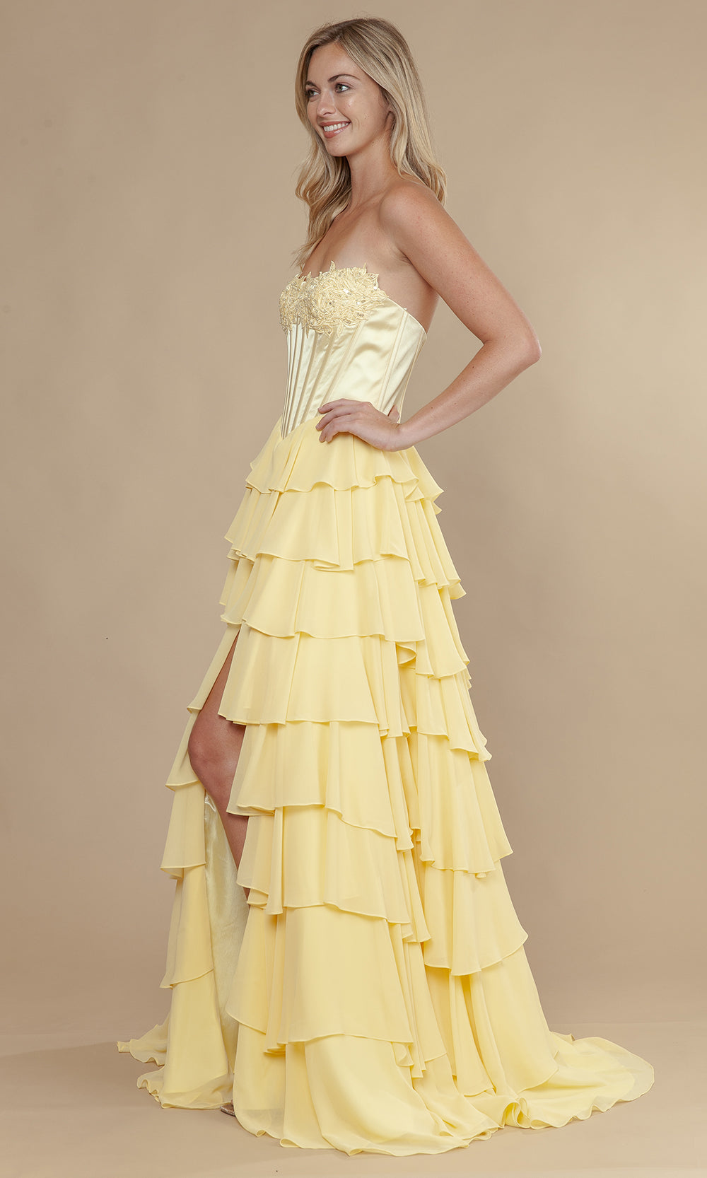 Poly USA 25176 - Straight Across Neck Chiffon Ruffle Gown Prom Dresses