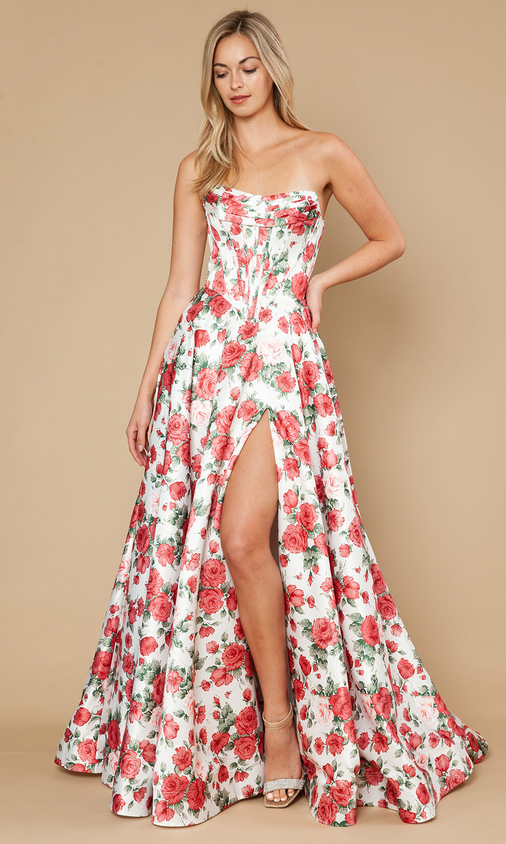 Poly USA 25186 - Floral Bodice Cowl Neck Prom Gown Prom Dresses