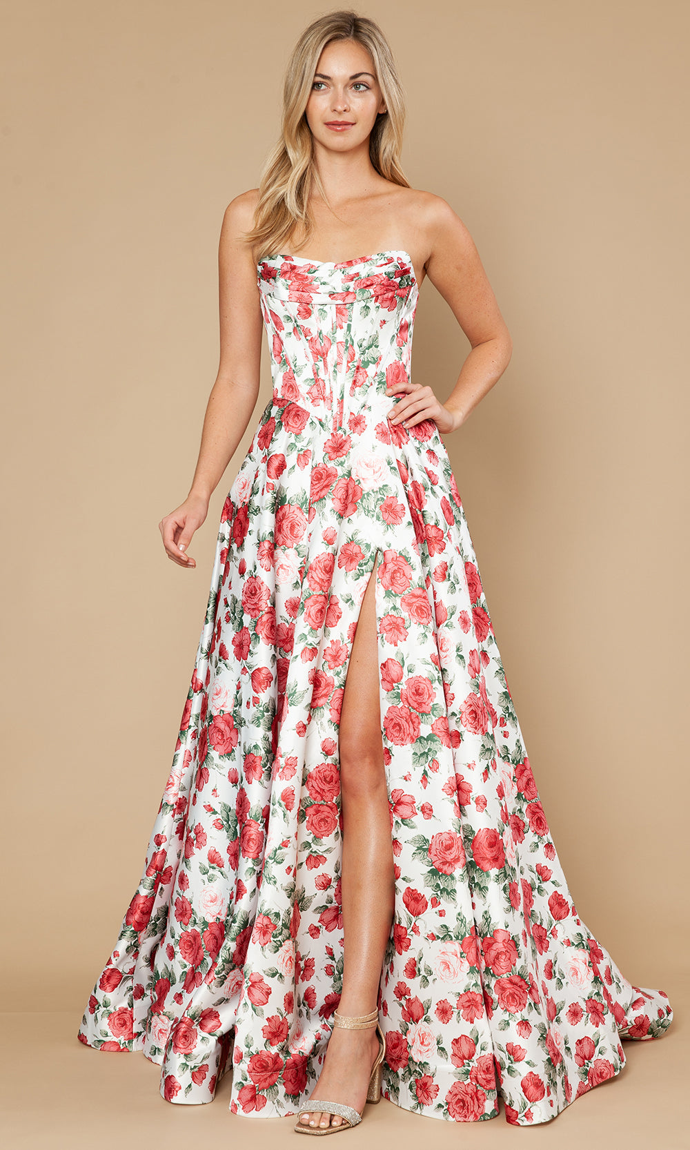 Poly USA 25186 - Floral Bodice Cowl Neck Prom Gown Prom Dresses