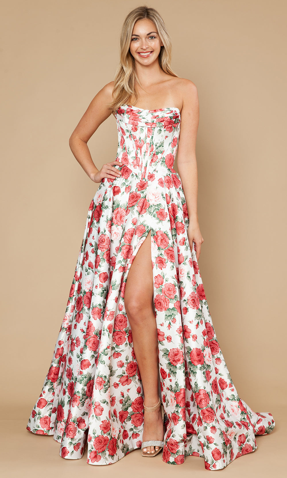 Poly USA 25186 - Floral Bodice Cowl Neck Prom Gown Prom Dresses