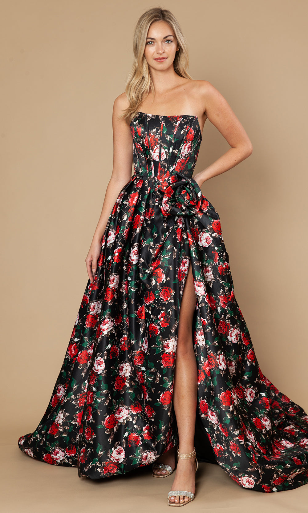 Poly USA 25188 - Floral Strapless A-Line Gown with Slit Prom Dresses