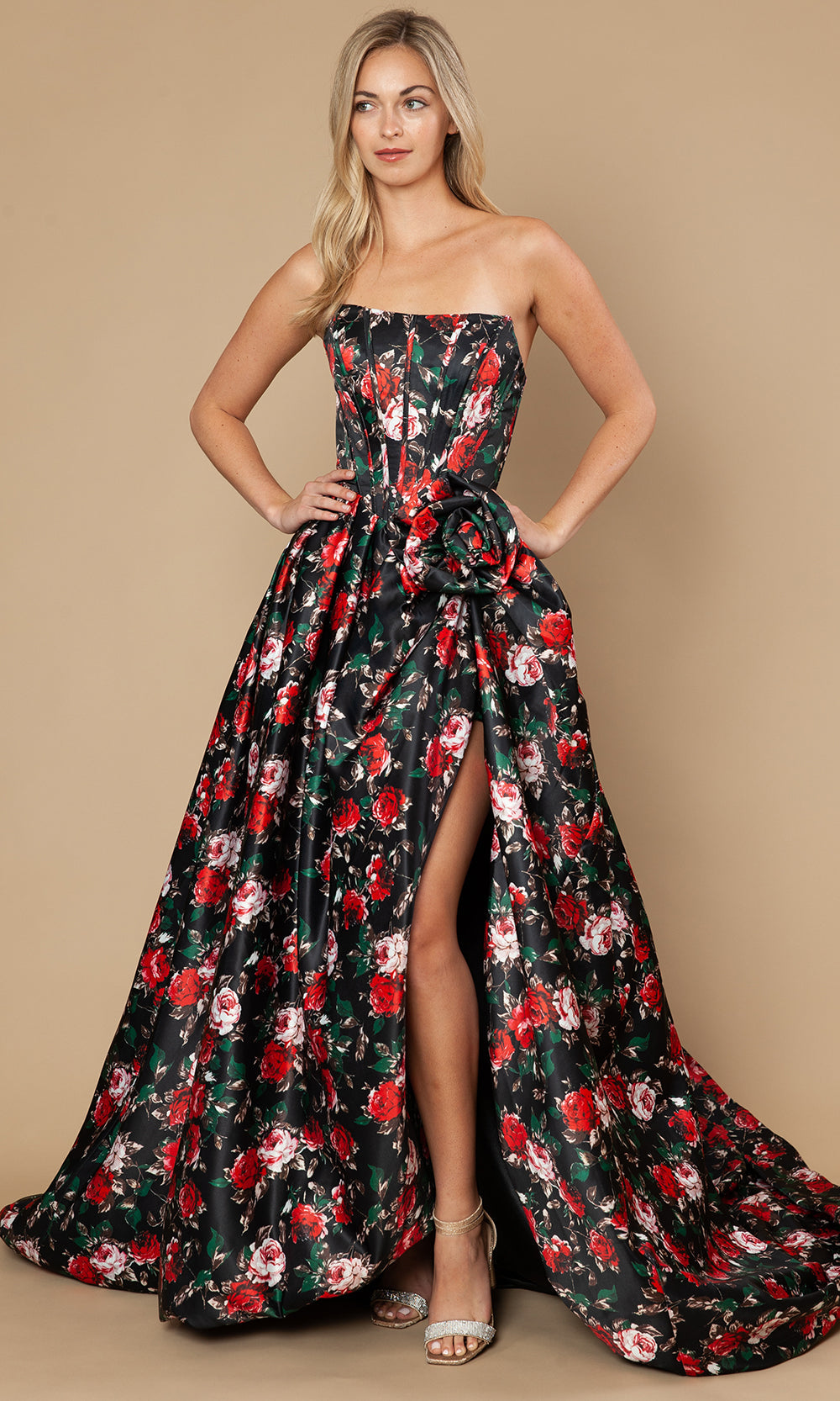 Poly USA 25188 - Floral Strapless A-Line Gown with Slit Prom Dresses