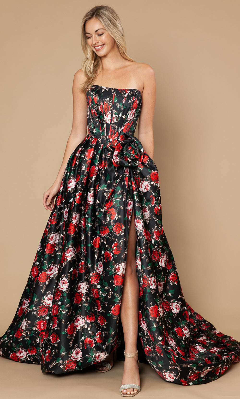Poly USA 25188 - Floral Strapless A-Line Gown with Slit Prom Dresses